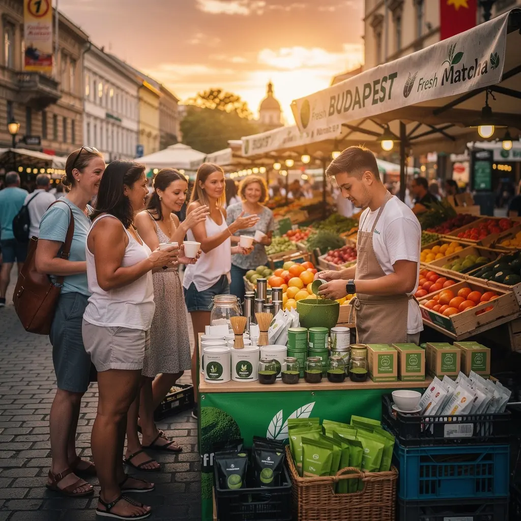 A matcha tea tálalása egy elegáns japán teáscsészében, díszes háttérrel.