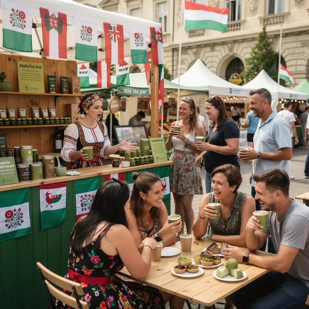 Közelkép a matcha zöld tea porról, amely friss levelekből készült.