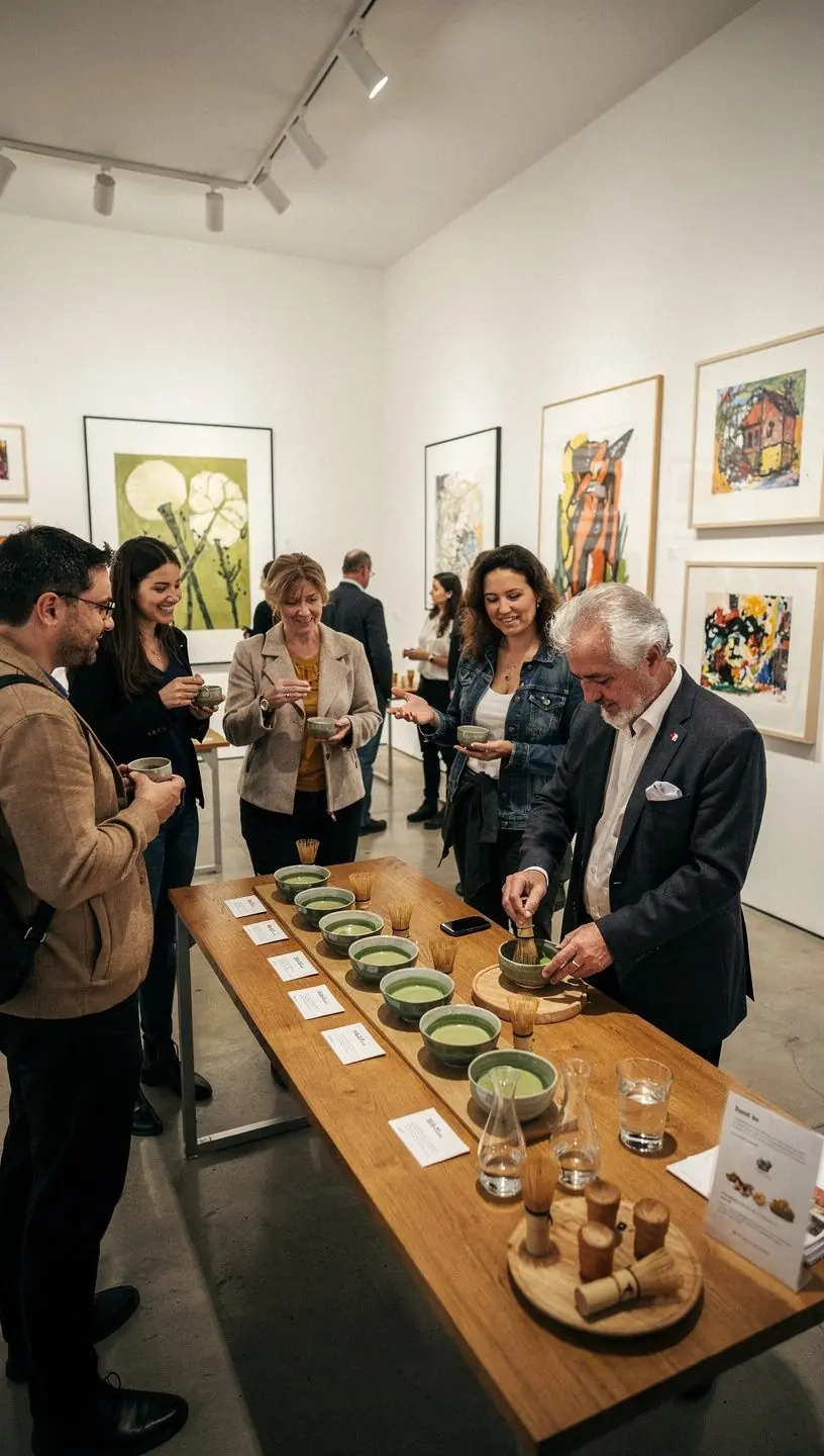 Egy szép teáskanna, amelyben a matcha teát készítik, körülötte teáscsészék.