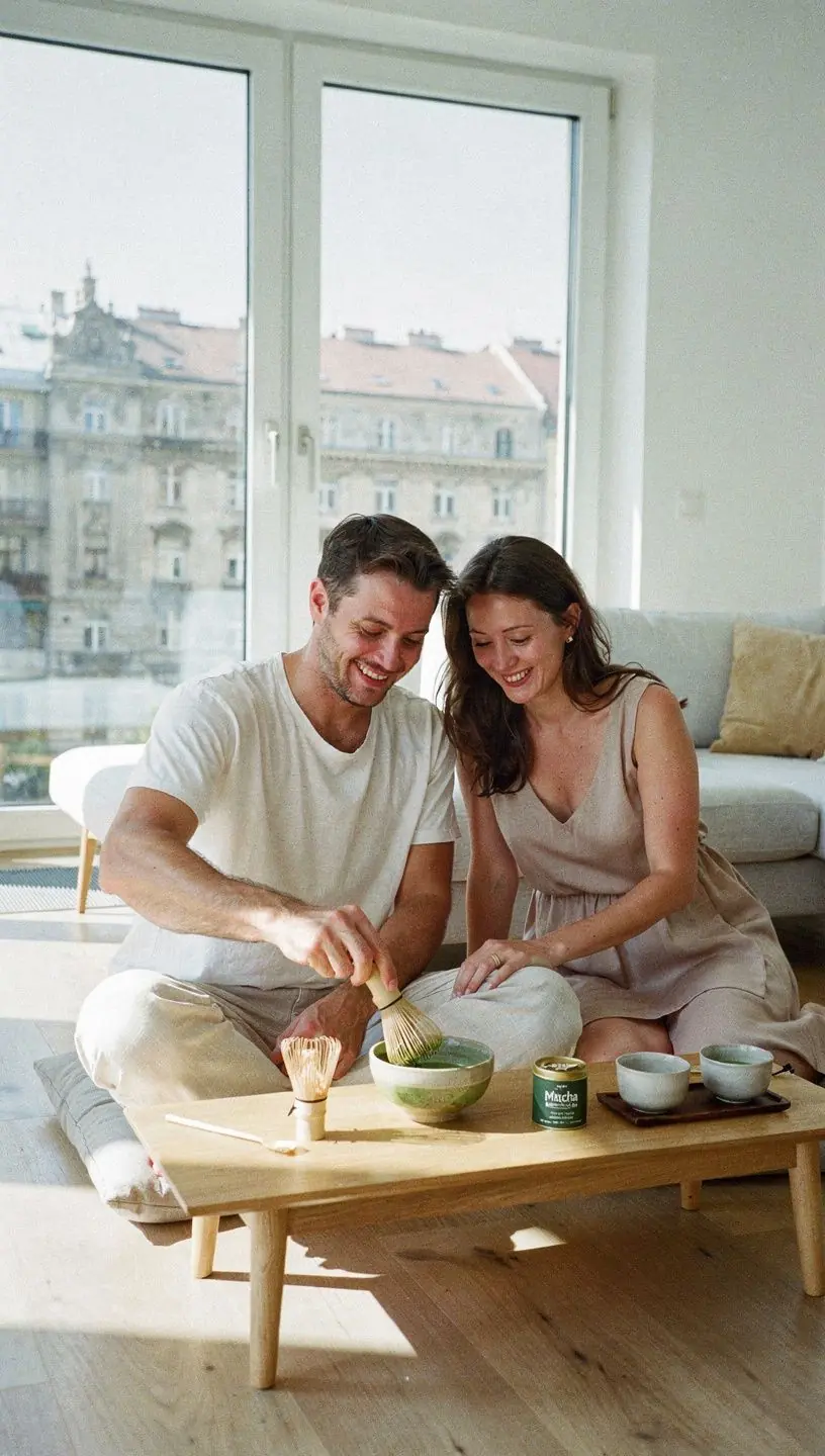 A matcha elkészítése közben a habverő mozdulatai, amelyek lágyan keverik a zöld port.